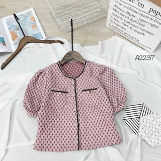 Áo gấm tay phồng 2 túi nút ngọc