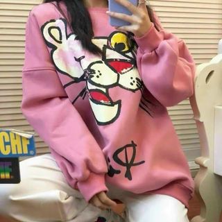 Áo sweater in con báo hồng chất thun nỉ ngoại