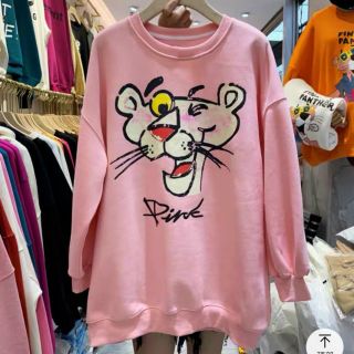 Áo sweater in con báo hồng chất thun nỉ ngoại