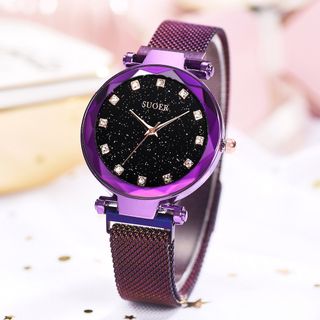 Đồng Hồ Nữ Suoer SU6081 Dây Titanium Siêu Nhẹ - Khóa Hít Nam Châm Sành Điệu - Mặt Kim Tuyến 3D Đính Kim Cương Nhân Tạo Sang Chảnh - Đồng Hồ Thời Trang Nữ Sang Trọng