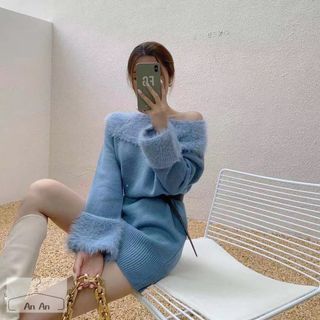 Váy len lông trễ vai