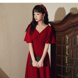 ĐẦM XOÈ ĐỎ TAY CÁNH TIÊN XẾP LI - DT1433