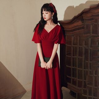 ĐẦM XOÈ ĐỎ TAY CÁNH TIÊN XẾP LI - DT1433