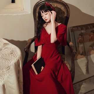 ĐẦM XOÈ ĐỎ TAY CÁNH TIÊN XẾP LI - DT1433
