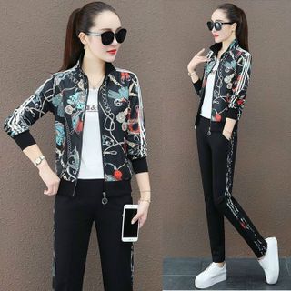 Bộ thể thao áo khoác nữ in họa tiết dây xích sang chảnh thể thao TT444