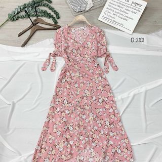 Đầm hoa đắp chéo tay cột nơ