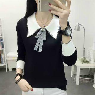 Áo len đông cổ bẻ kèm tag nơ