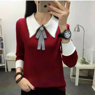 Áo len đông cổ bẻ kèm tag nơ