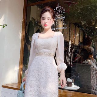 Đầm ren cổ vuông nhấn eo