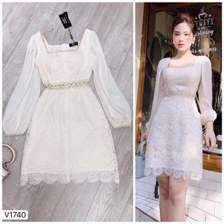 Đầm ren cổ vuông nhấn eo