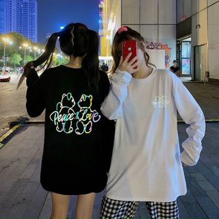Áo thun tay dài in chữ phát sáng 7 màu vòng cổ siêu hot
