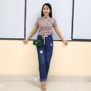 Quần Jean Nữ Ống Rộng Cạp Lưng Cao Màu Xanh Dáng Ống Xuông Chất Bò Giấy xắn gấu ống rộng