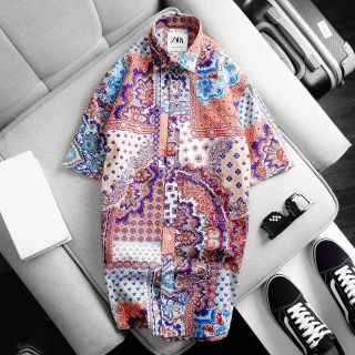 [size to 50-110kg] Áo sơ mi nam ngắn tay hoa văn Họa tiết
