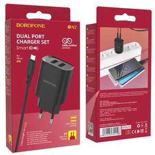 Bộ Cóc Cáp Sạc Borofone BN2 Cổng Micro - 2 Cổng USB 2.1A chuẩn EU