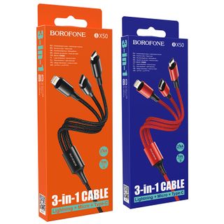 Dây Cáp Sạc 3 in 1 BOROFONE BX50 - Cổng Lightning, Cổng Micro, Cổng Type C 1m