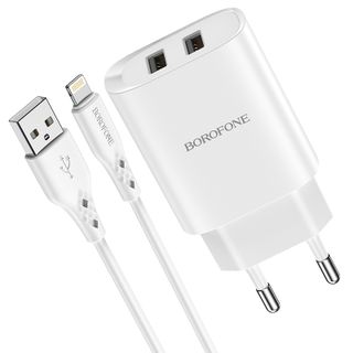 Bộ Cóc Cáp Sạc Borofone BN2 Cổng Lightning - 2 Cổng USB 2.1A chuẩn EU