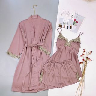 Đồ ngủ sét 3 món đùi kèm choàng phối ren nổi chất lụa quãng đông