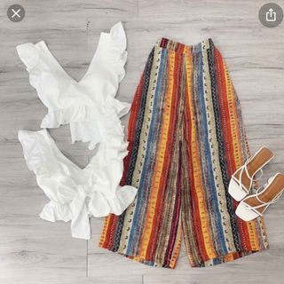 [ SỈ ] Sét Bộ Lụa Áo Cánh Tiên Hot Trend Đính Nơ Bảng Bự Phối Quần Ống Rộng Thổ Cẩm Fashion