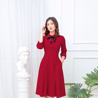 Đầm xòe cổ nơ tay lỡ