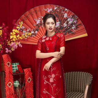 ÁO DÀI ORGANZA REN ĐỎ HOA HỒNG giá sỉ