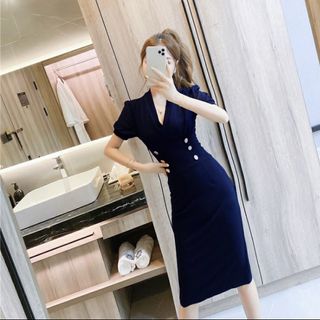 ĐẦM ÔM XANH ĐEN ĐÍNH NÚT - DT1476 - xưởng may đô thành chuyên sỉ