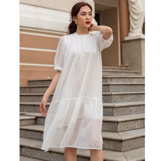 Đầm Maxi Cổ Ôm Tròn Tay Phồng The Maple Xanh Mint Freesize