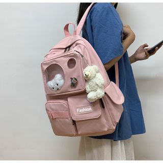 Balo nữ Fashion chất vải canvas chống thầm phối nhựa trong tặng sticker và móc gấu bông