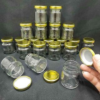 Lọ thủy tinh nhỏ 50ML mẫu trụ tròn nắp thiếc vàng - Hũ thủy tinh nhỏ 50ml đựng mật ong, sữa ong chúa, thực phẩm, mỹ phẩm