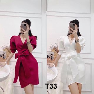 váy đỏ/trắng thắt nơ eo