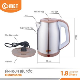 ẤM ĐUN NƯỚC SIÊU TỐC INOX COMET CM8236N8 DUNG TÍCH 1.8 LÍT CÔNG SUẤT 1500W