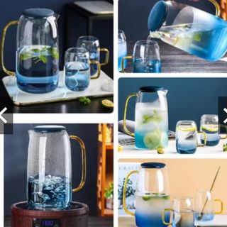 Bộ bình 2 cốc quai thủy tinh màu xanh chịu nhiệt cao( hàng đun được trên bếp)