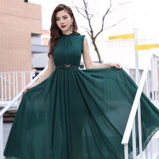 ĐẦM MAXI XANH CỔ TRỤ KÈM NỊT - DT1484