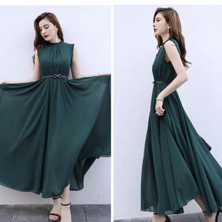 ĐẦM MAXI XANH CỔ TRỤ KÈM NỊT - DT1484