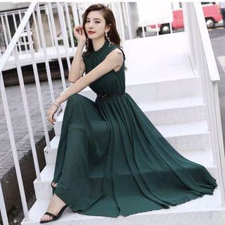 ĐẦM MAXI XANH CỔ TRỤ KÈM NỊT - DT1484