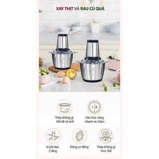 Máy xay thịt, máy xay cầm tay đa năng 2 lít công suất lớn cối inox 304 cao cấp Kitchen