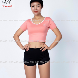 Bộ thể thao nữ quần short chữ V áo croptop có tay- DN1