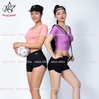 Bộ thể thao nữ quần short chữ V áo croptop có tay- DN1 giá sỉ