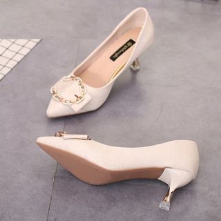 Giày cao gót nữ gót kiểu xoắn bít mũi đính nơ đá hình dây xích - Giày nữ gót cao 7cm - Giày da mềm 2 màu Đen và Kem - YH296K