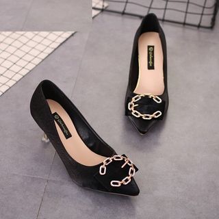 Giày cao gót nữ gót kiểu xoắn bít mũi đính nơ đá hình dây xích - Giày nữ gót cao 7cm - Giày da mềm 2 màu Đen và Kem - YH296K