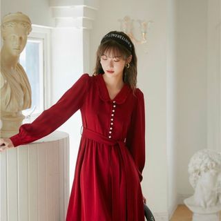 Đầm Xòe Midi Đỏ Cổ Bèo Tay Dài Nút Ngọc - DX0072