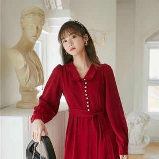 Đầm Xòe Midi Đỏ Cổ Bèo Tay Dài Nút Ngọc - DX0072