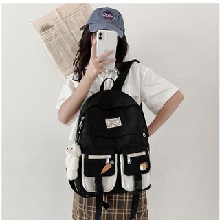 Balo chất vải canvas chống thấm phối 2 túi trước tặng sticker và móc khóa gấu bông