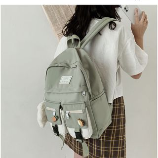 Balo chất vải canvas chống thấm phối 2 túi trước tặng sticker và móc khóa gấu bông