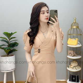 ĐẦM CÔNG SỞ CỔ V EO PHỐI NÚT