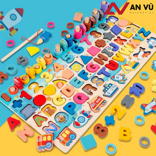 Bộ Đồ Chơi Gỗ Xếp Khối, Giáo Cụ Montessori Ghép chữ, Ghép số, Câu Cá, Xếp Khối, Ghép Hình - 6 trong 1