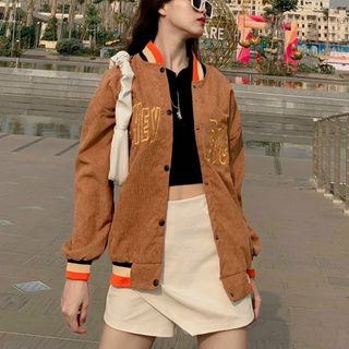 Áo khoác nhung kiểu bomber thêu logo