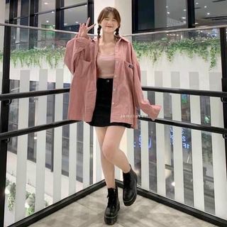 Áo khoác sơ mi nhung thêu logo form rộng đẹp