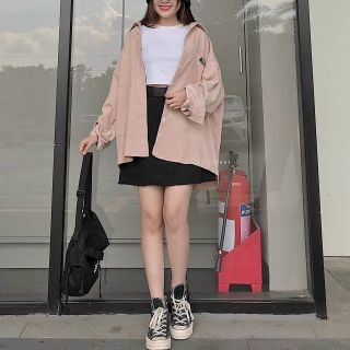 Áo khoác sơ mi nhung thêu logo form rộng đẹp