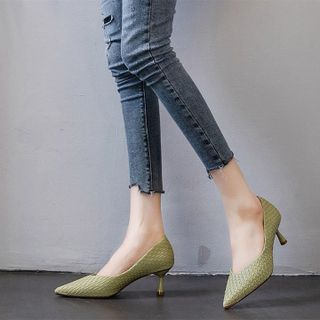 Giày cao gót nữ mũi sắt si đan cao cấp - Giày nữ gót cao 5cm - Giày da mềm 3 màu Đen - Trắng - Xanh ngọc - YH299T