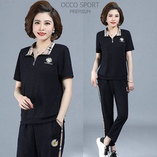 Bộ thể thao trung niên cổ bẻ thêu hoa cúc TN3